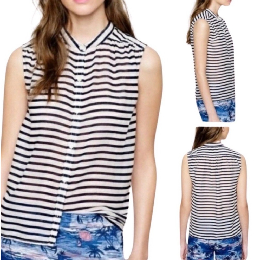 J. Crew Woman's Navy Blue Striped Neru Mandarin Collar Blouse 100% Cotton Size 4